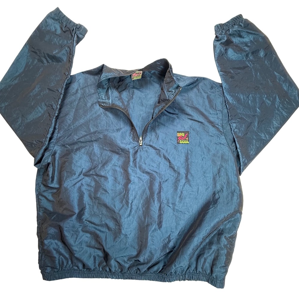 Vintage Surf Style Windbreaker Iridescent‎ Teal Blue Quarter Zip Pullover OSFM